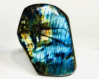 Compact Geometric Premium Labradorite Freeform (1.3 lbs) – Dominant Electric Blue Flash with Red & Gold Accents