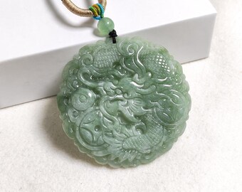 Natuurlijke jadeiet ketting met drakenhanger, klasse A jade, jade sieraden, verjaardagscadeaus, draken en munten snijwerk jade, gezondheid en rijkdom jade