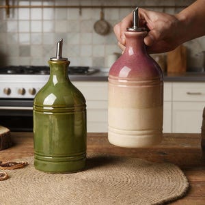 Op de afbeelding: Twee keramische olieflessen met roestvrijstalen schenktuiten. Eén is olijfgroen, de andere heeft een verloop van roze en crème. De flessen staan op een houten tafel met een geweven placemat.