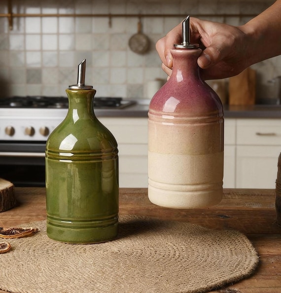 Olive Oil Dispenser Handmade Basic Ceramic Bottle Vinegar salad dressing container Kitchen Storage unglazed Pottery (700ml/24oz)