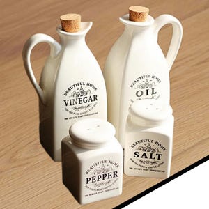 Rustic Ceramic Oil Dispenser, Vinegar, Salt, Pepper Dispenser Set – 4-piece Cooking Oil Bottle Container - Farmhouse Kitchen Decor