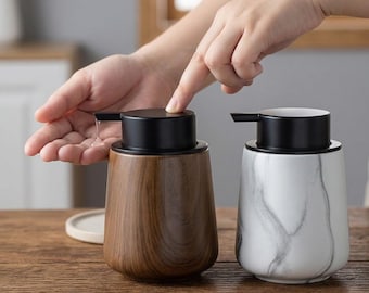 Modern Ceramic Soap Dispenser - Minimalist Bathroom Vanity Hand Sanitizer - Lotion Bottle for Kitchen Sink Decor - Marble Wood Grain Finish