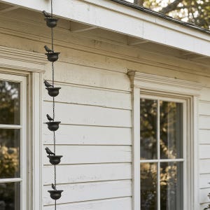 May include: A decorative rain chain with a series of dark metal bowls and small bird figurines. The chain hangs vertically, attached to a white building with a window. The birds are perched on the bowls, adding a charming touch to the outdoor decor.