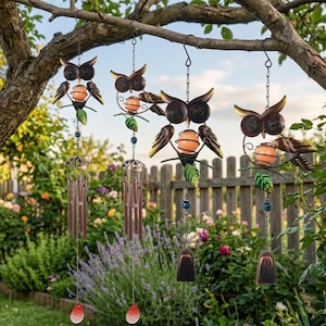 May include: Three metal owl wind chimes hanging from a tree branch. Each owl has brown feathers, yellow eyes, and a round orange body. The chimes have brown tubes and decorative accents, with a red and white teardrop at the bottom.