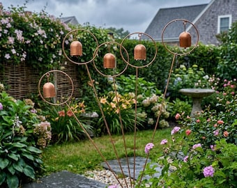 Handcrafted Copper Bell Garden Stake – Zen Wind Chime Sculpture for Yard Art, Metal Floral Bell Garden Decor, Unique Housewarming Gift