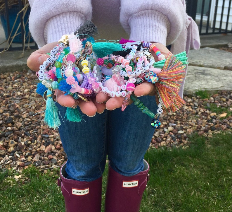 Girls word boho beaded bracelet Chosen bracelet tassel bracelet Beaded bracelet whimsical colorful jewelry Adoption bracelet artsy
