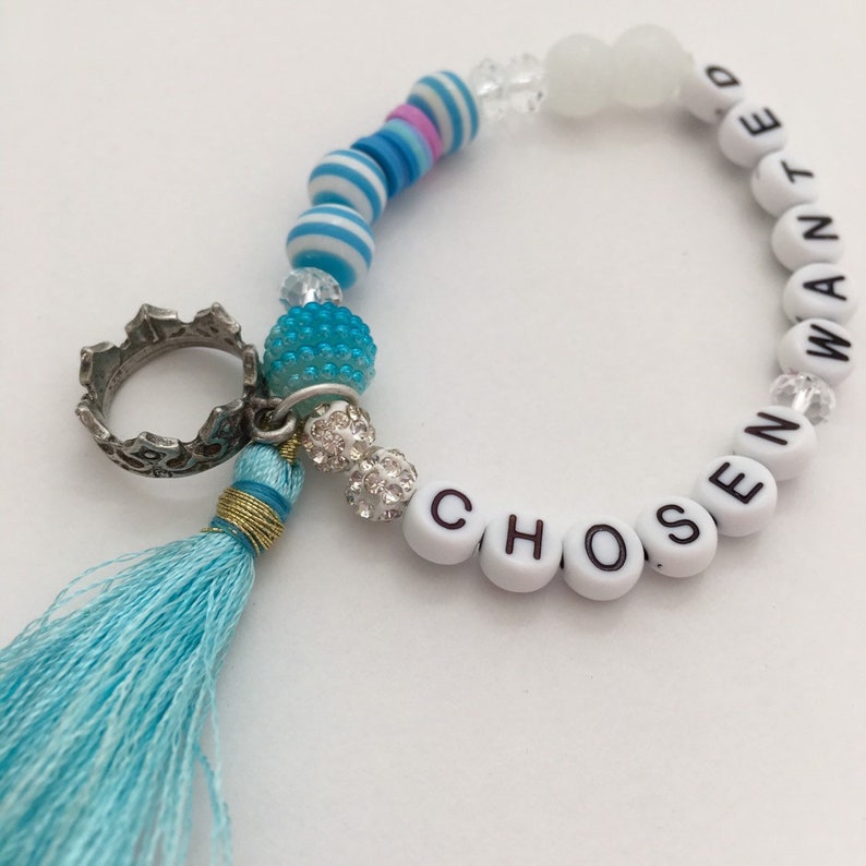 Girls word boho beaded bracelet Chosen bracelet tassel bracelet Beaded bracelet whimsical colorful jewelry Adoption bracelet artsy