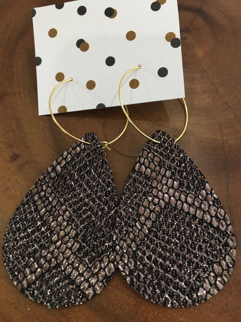 Bronze vegan hoop earrings Vegan leather Boho animal print Womens gift earrings, snakeskin print earrings lightweight boho earrings
