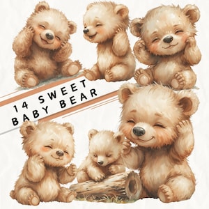 May include: A collection of watercolor illustrations featuring adorable baby bears in various poses. The bears have soft, light brown fur, rosy cheeks, and closed eyes, exuding a sense of warmth and comfort. The text "14 SWEET BABY BEAR" is displayed.