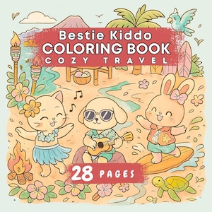 May include: A colorful illustration of a coloring book titled "Bestie Kiddo Coloring Book Cozy Travel". The image features cartoon animals, including a cat, dog, and rabbit, in a tropical setting. The book has 28 pages.