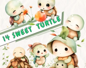 14 Watercolor Turtle Clipart PNG: Baby Tortoise Bundle for Nursery