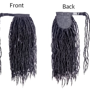 May include: A black faux locs ponytail extension, shown from the front and back. The extension features a wrap-around design with a velcro closure. The faux locs are long and have a natural, textured appearance, with loose ends.