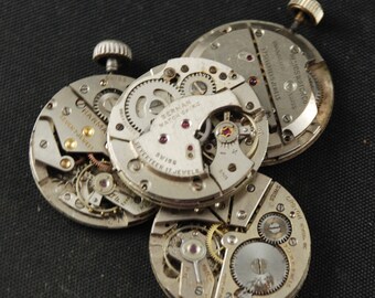 Vintage Antique Round Watch Movements With Faces Dials Industrial Steampunk Altered Art Assemblage JU 35