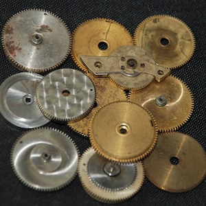 May include: A collection of various watch gears and components, including silver and brass-colored circular gears with intricate teeth. Some gears show signs of age and wear, with a few having a rusty appearance. A small, silver lever is also present.