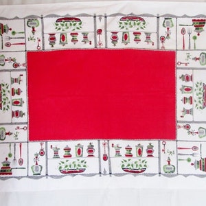 Vintage Red Tablecloth Kitchen Table Linens Sun Glo Salt and Pepper Shelf Retro Table Cloth 1950s 1960s Mid Century Textiles Vintage Linens