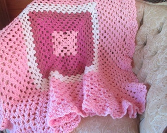 Vintage Pink Granny Square Afghan Throw Baby Girl Blanket Hand Crochet Crocheted Shabby Cottage Decor Vintage Linens