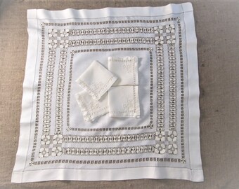 Antique Tablecloth Napkins White Linen Luncheon Tea Cloth Bridge Cloth Tenerife Lace Drawnwork Handmade Vintage Linens