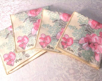 Vera Neumann Napkins Set of Four 4 Salmon Pink Floral on Pale Yellow Vintage Linens
