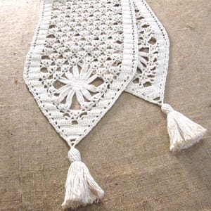 Vintage Crochet Lace or Macrame Table Runner Dresser Scarf Tassels Antique Table Linens 11&quot; x 56&quot; Long Hand Crocheted Off White Ecru