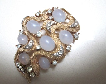 Vintage Trifari Brooch Pin Moonstones and Rhinestones 1960's Gold Tone Rare Costume Jewelry