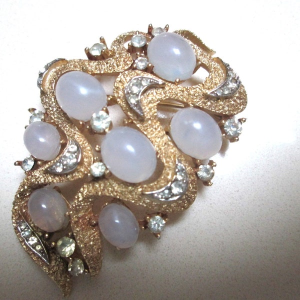 Vintage Trifari Brooch Pin Moonstones and Rhinestones 1960's Gold Tone Rare Costume Jewelry