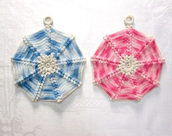 Vintage Potholders Set Crochet Pot Holders Hand Crocheted Pink Blue Kitchen Cottage Decor 1950s 1960s Retro Mid Century Linens