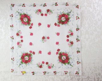 Vintage Handkerchief Hankie Hanky Red Pink Rosebuds Carnations Tag Label Mint NWT NOS