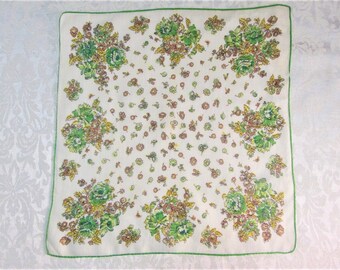Vintage Floral Printed Handkerchief ~ Green Brown ~ Hand Rolled Hankie ~ Mid Century Clothing Accessories ~ Retro Mod