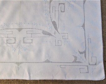 Antique White Tablecloth Hand Embroidered Tea Cloth Vintage Table Linens Mosaic Lace Art Deco Era Dining Room Cottage Decor Vintage Linens