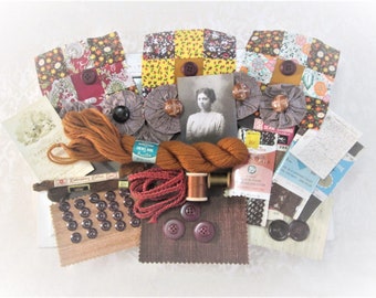 Vintage Destash Inspiration Kit Brown Sewing Supplies Haberdashery Lot Embellishment Kit Altered Art Scrap Booking Fabric Collage