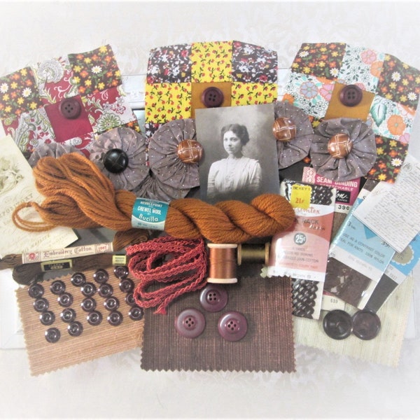 Vintage Destash Inspiration Kit Brown Sewing Supplies Haberdashery Lot Embellishment Kit Altered Art Scrap Booking Fabric Collage