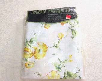 Vintage Bed Sheet Double Flat Yellow Floral Pequot No Iron Percale 81" x 104"  NOS NIP Mint Unused