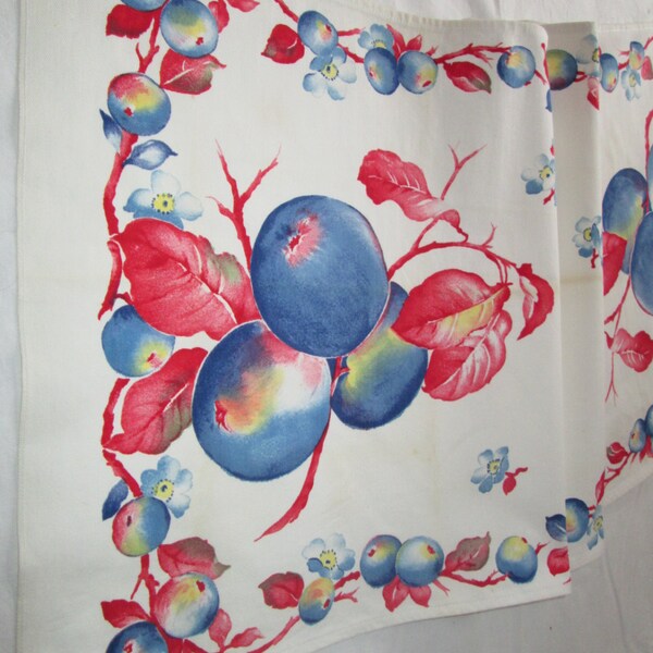 Vintage Tea Towel Kitchen Linens Red White Blue Fruit Table Runner Printed Hand Towel Dish Cloth 1940's 1950s Vintage Linens