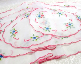 Vintage Embroidered Linens Pink Table Runners Set Organdy Embroidery Organdie Antique Table Linen Matching Dresser Scarves Vintage Linens