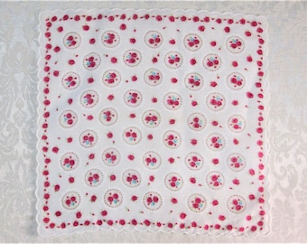 Vintage Handkerchief ~  Pink and Red Cameo Roses ~ Scalloped Floral Hankie ~ Mid Century Clothing Accessories ~ Retro Mod