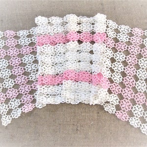 Vintage Pink White Crochet Lace Table Runner Hand Crocheted Dresser Scarf Antique Linens Shabby Cottage Decor 53&quot; inches Vintage Linens