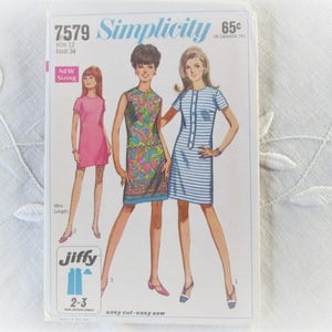 Vintage Mini Dress Pattern 1960&#39;s 1968 Complete Uncut Jiffy Pattern Simplicity 7579 Misses Size 12 Bust 34
