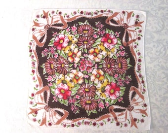 Vintage Floral Printed Handkerchief Hankie Mid Century Accessories Retro Mod Colorful Florals on Brown with Bows Hand Rolled