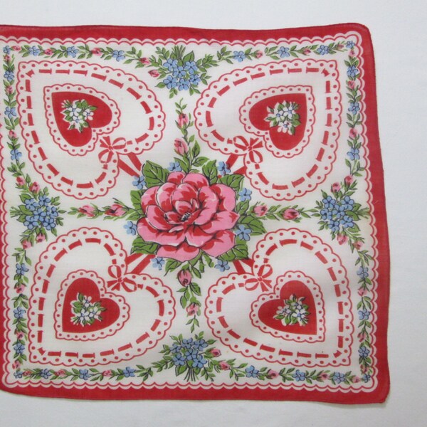 Vintage Valentine Handkerchief Hankie Hanky Red Pink Hearts Ribbons Roses Rose 12"