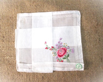 Vintage Embroidered Handkerchief Swiss Hankie with Tag MWT NOS Mint Pink Rose Petit Point Embroidery Hand Rolled Hem