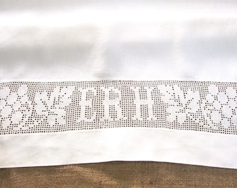 Antique Towel White Vintage Bath Linens Monogrammed Triple Monogram ERH Filet Lace Insert 23" x 38" inches Vintage Linens