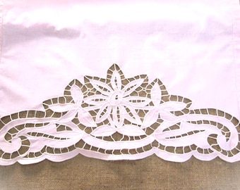 Vintage Pink Table Runner Dresser Scarf Antique Linens 24"x36" Floral Cutwork Cut Work Handmade Embroidery Embroidered
