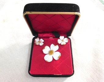 Vintage Crown Trifari Brooch Earrings Enamel Dogwood Parure with Black Velvet Box Designer Signed NIB Unused NWT MWT