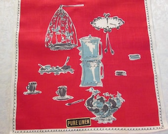 Vintage Tea Towel Mid Century Kitchen Linens Retro Red Dish Towel 1960's Hand Towel Pure Linen MWT Tag Vintage Linens Signed Suzanne Meister