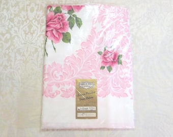 Vintage Tablecloth Broderie Pink Printed Cameo Roses Vintage Linens Mid Century Kitchen Textiles Cottagecore NWT MWT Unused