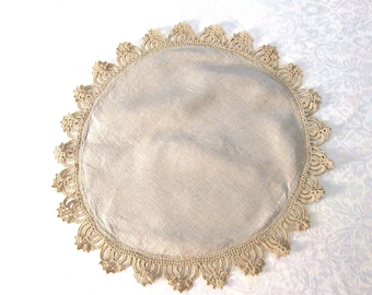 Vintage Centerpiece Doily Dresser Scarf Linen Lace Cottagecore Farmhouse 19" Round Crochet Lace Natural Beige Dark Ecru