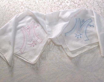 Vintage M Monogram Handkerchiefs Initial Personalized Hankies Embroidery Monogrammed Bridal Wedding Hanky Matching Pink and Blue Applique