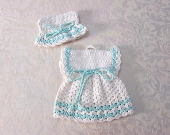Vintage Crocheted Potholder Set Crochet Dress Egg Warmer Hat Pot Holders Vintage Aqua Blue White Kitchen Decor 1950s 1960s Vintage Linens