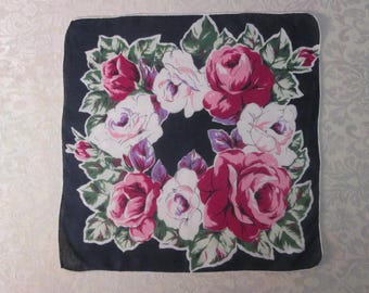 Vintage Floral Printed Handkerchief ~ Hand Rolled Hankie ~ Mid Century Clothing Accessories ~ Retro Mod ~ Cabbage Roses