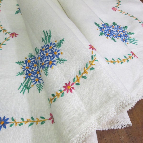 Linen Tablecloth Vintage Embroidery Hand Embroidered Blue Flowers Floral Tatted Lace Table Cloth Antique Linens 48 x 50